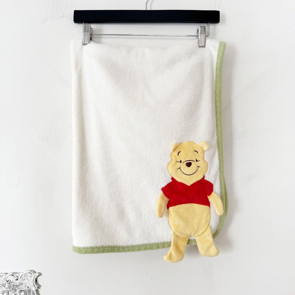 Disney Baby Winnie the Pooh Blanket 3D Plush Lovey Security Cream Green Trim